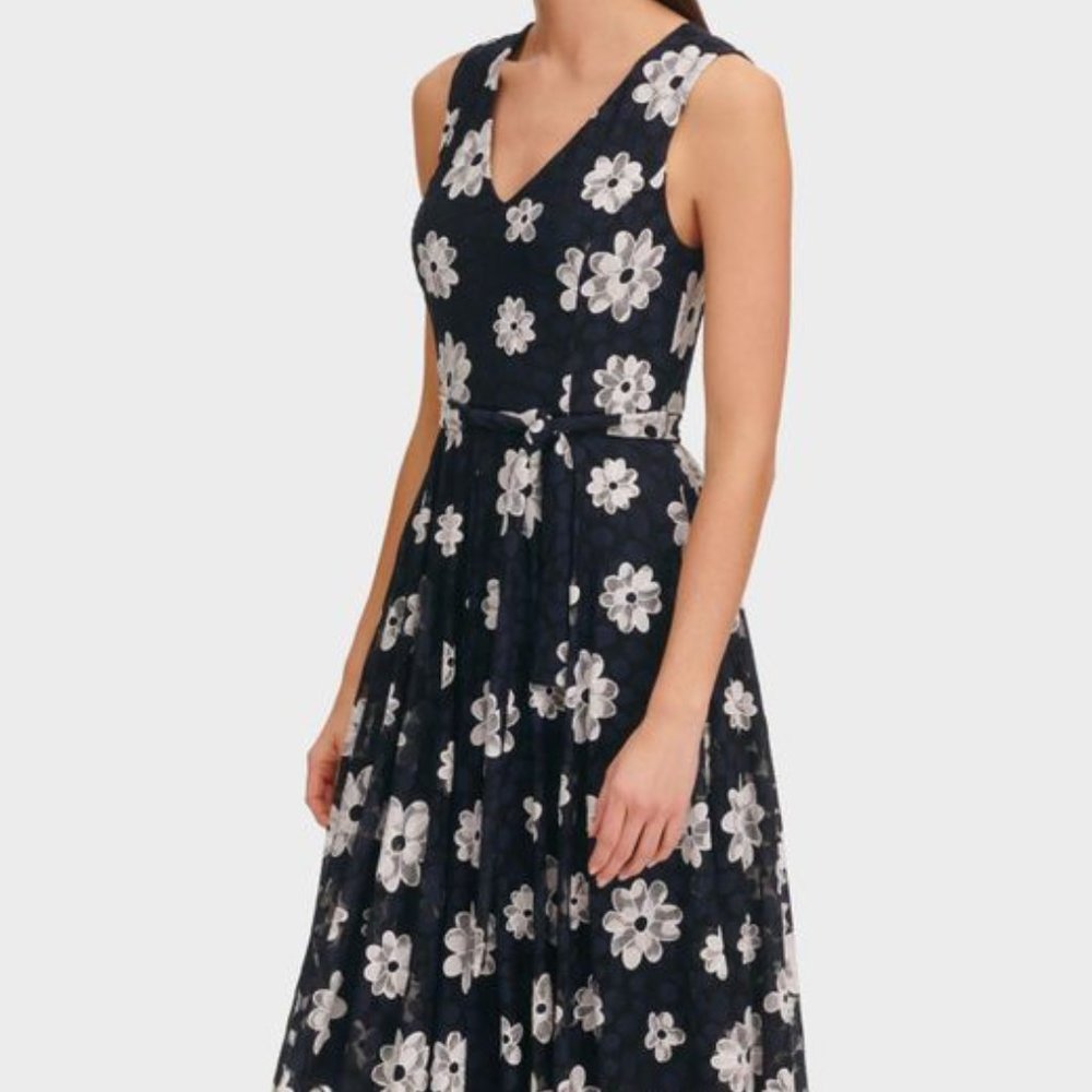 Tommy Hilfiger NWT Bejeweled Daisy Self Tie Sheath Dress Navy Blue